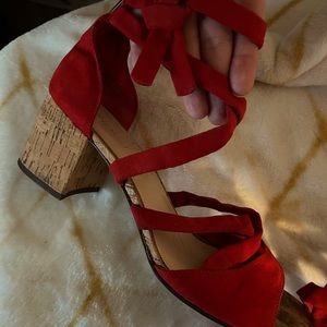 Nine west red strap block cork heel